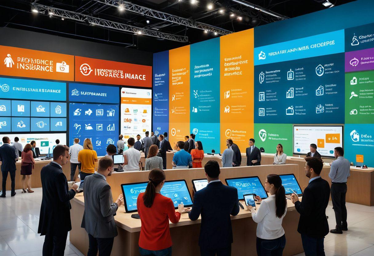 A modern digital marketplace bustling with diverse people browsing insurance options on various devices like tablets and smartphones, surrounded by vivid icons representing different types of coverage (health, auto, home). In the background, a large virtual display shows a comparison chart with affordable prices. Warm lighting creates an inviting atmosphere emphasizing accessibility and ease of navigation. super-realistic. vibrant colors. 3D.
