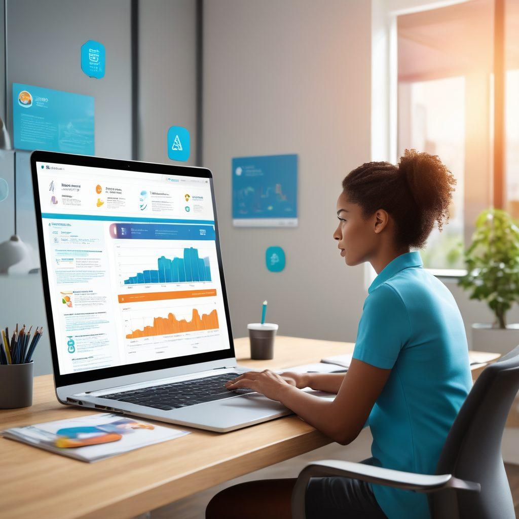 A visually engaging depiction of a person comparing various digital insurance policies on a laptop, surrounded by floating icons representing different types of insurance (health, auto, home). The scene should convey an atmosphere of empowerment and smart decision-making, with a vibrant color palette and a modern digital background featuring graphs and statistics. super-realistic. bright colors. modern design.