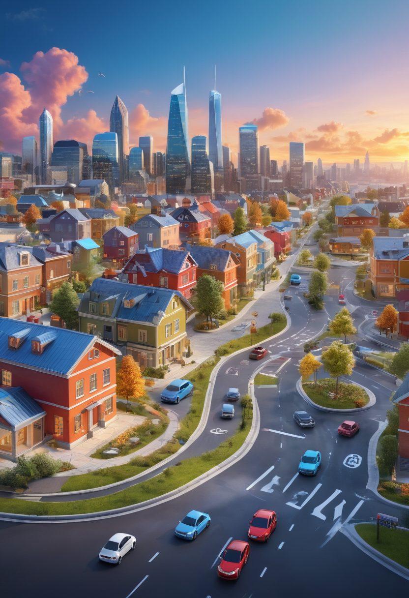A detailed roadmap winding through a digital landscape, featuring symbols of various types of insurance like home, auto, and health. Alongside the path, there are friendly characters interacting with technology, researching on laptops and smartphones. The background showcases a vibrant city skyline, symbolizing security and modern living. Bright colors and engaging visuals to attract viewers' attention. super-realistic. vibrant colors. 3D.